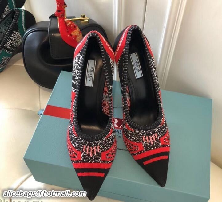 Classic Hot Prada Angled Heel 9cm Geometric Pattern Jacquard Knit Fabric Pumps 709030 Red 2019