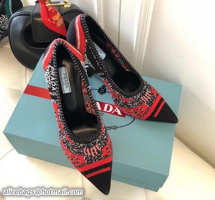 Classic Hot Prada Angled Heel 9cm Geometric Pattern Jacquard Knit Fabric Pumps 709030 Red 2019