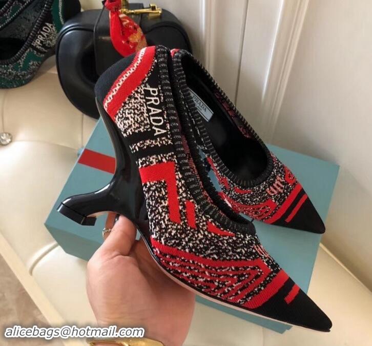 Classic Hot Prada Angled Heel 9cm Geometric Pattern Jacquard Knit Fabric Pumps 709030 Red 2019