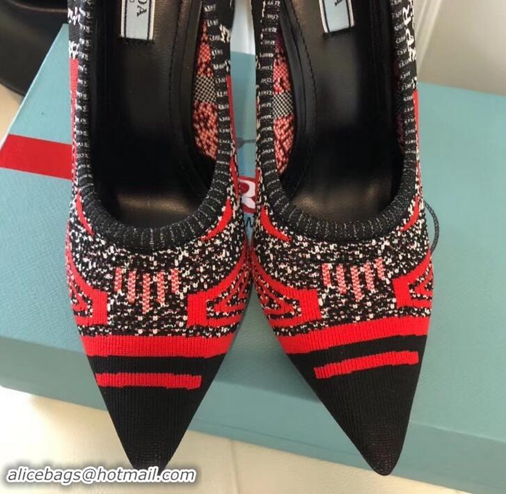 Classic Hot Prada Angled Heel 9cm Geometric Pattern Jacquard Knit Fabric Pumps 709030 Red 2019