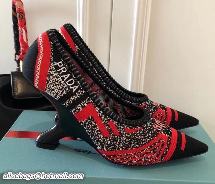 Classic Hot Prada Angled Heel 9cm Geometric Pattern Jacquard Knit Fabric Pumps 709030 Red 2019