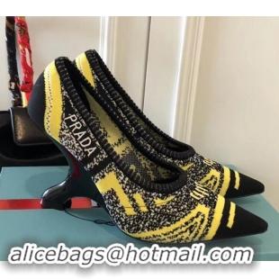 Best Grade Prada Angled Heel 9cm Geometric Pattern Jacquard Knit Fabric Pumps 709030 Yellow 2019