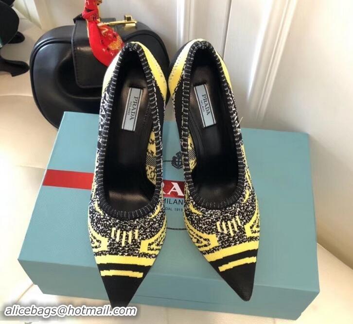 Best Grade Prada Angled Heel 9cm Geometric Pattern Jacquard Knit Fabric Pumps 709030 Yellow 2019