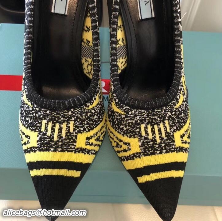 Best Grade Prada Angled Heel 9cm Geometric Pattern Jacquard Knit Fabric Pumps 709030 Yellow 2019