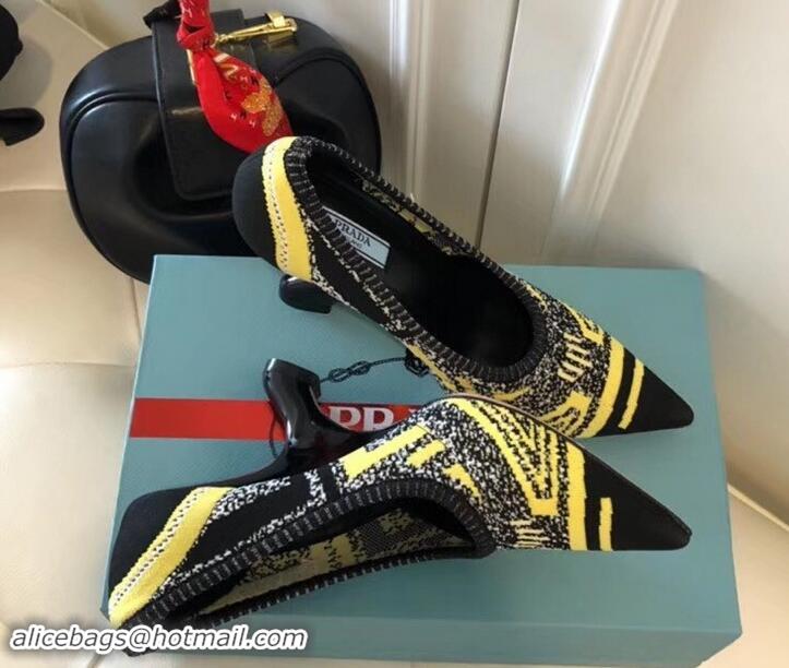 Best Grade Prada Angled Heel 9cm Geometric Pattern Jacquard Knit Fabric Pumps 709030 Yellow 2019