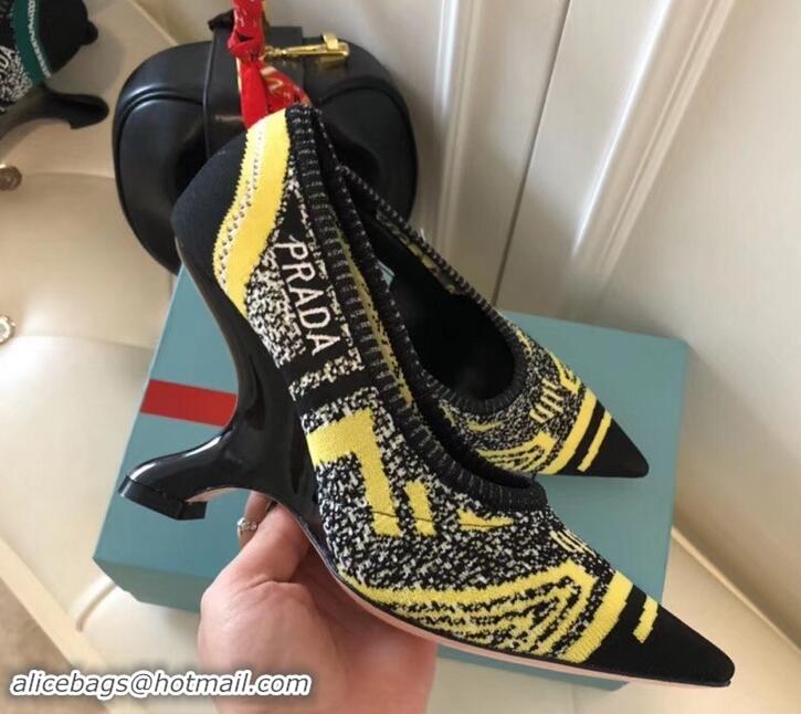 Best Grade Prada Angled Heel 9cm Geometric Pattern Jacquard Knit Fabric Pumps 709030 Yellow 2019