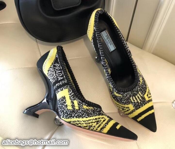 Best Grade Prada Angled Heel 9cm Geometric Pattern Jacquard Knit Fabric Pumps 709030 Yellow 2019