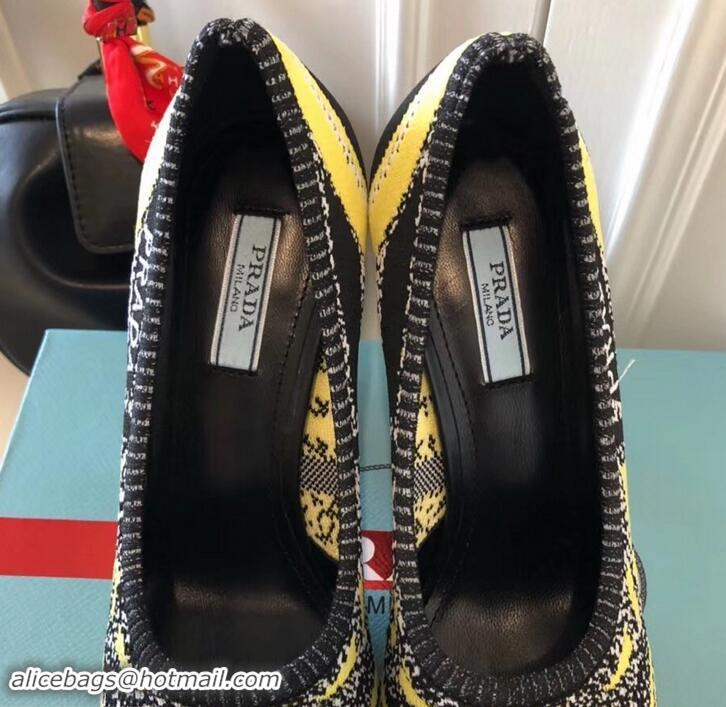 Best Grade Prada Angled Heel 9cm Geometric Pattern Jacquard Knit Fabric Pumps 709030 Yellow 2019