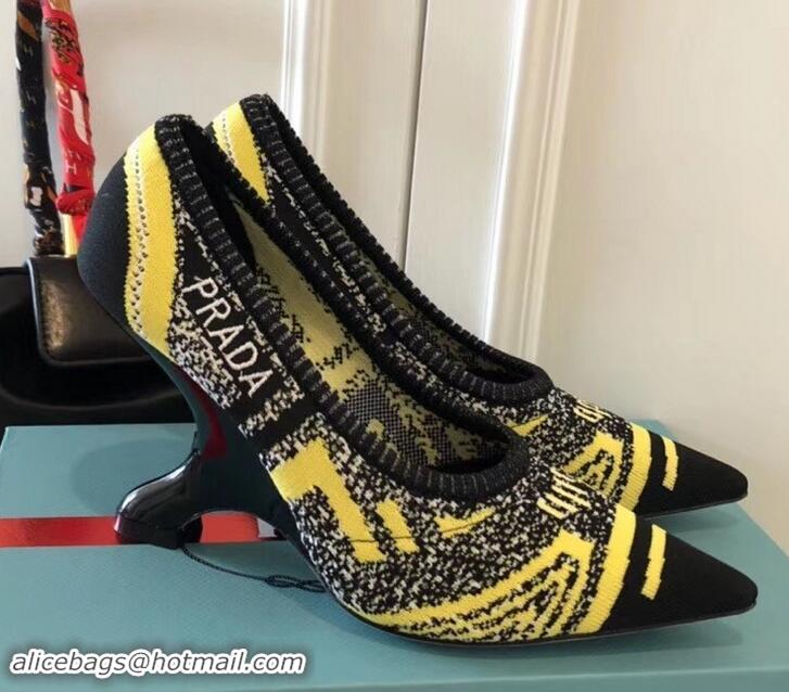 Best Grade Prada Angled Heel 9cm Geometric Pattern Jacquard Knit Fabric Pumps 709030 Yellow 2019