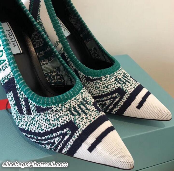 Good Quality Prada Angled Heel 9cm Geometric Pattern Jacquard Knit Fabric Pumps 709030 White 2019