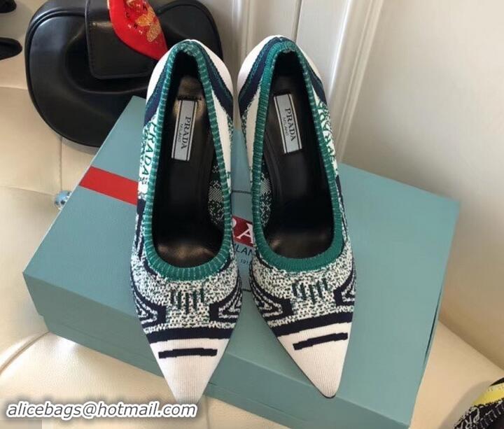 Good Quality Prada Angled Heel 9cm Geometric Pattern Jacquard Knit Fabric Pumps 709030 White 2019