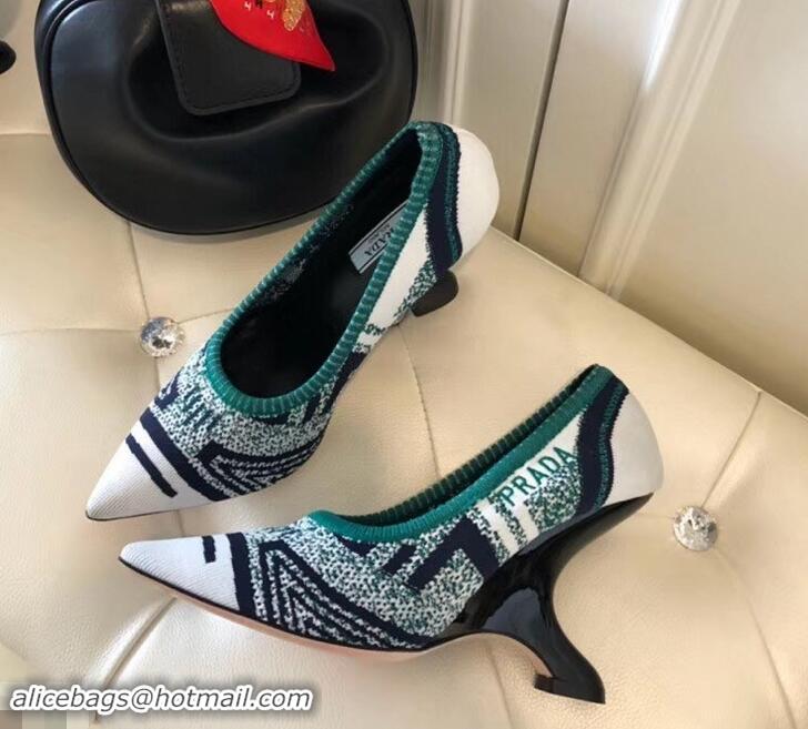 Good Quality Prada Angled Heel 9cm Geometric Pattern Jacquard Knit Fabric Pumps 709030 White 2019