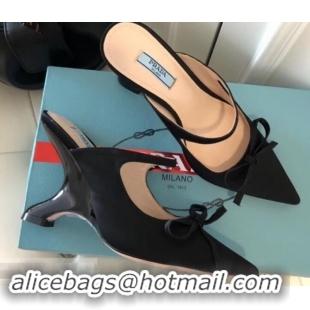 Discounts Prada Angled Heel 9cm Satin Bow Mules Pumps 709033 Black 2019