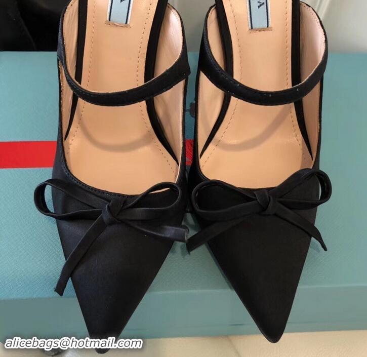 Discounts Prada Angled Heel 9cm Satin Bow Mules Pumps 709033 Black 2019