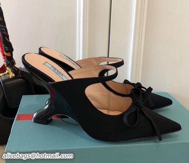 Discounts Prada Angled Heel 9cm Satin Bow Mules Pumps 709033 Black 2019