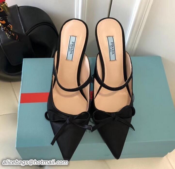 Discounts Prada Angled Heel 9cm Satin Bow Mules Pumps 709033 Black 2019