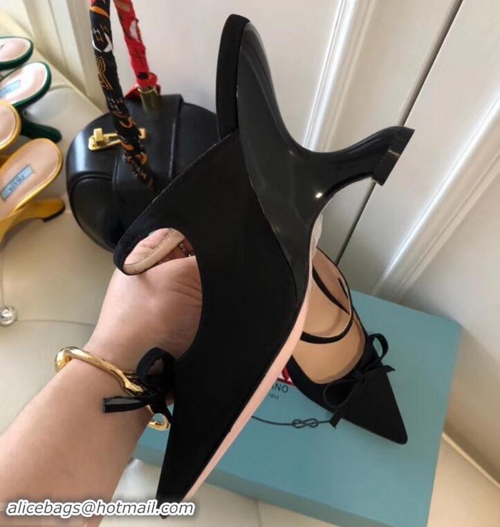 Discounts Prada Angled Heel 9cm Satin Bow Mules Pumps 709033 Black 2019