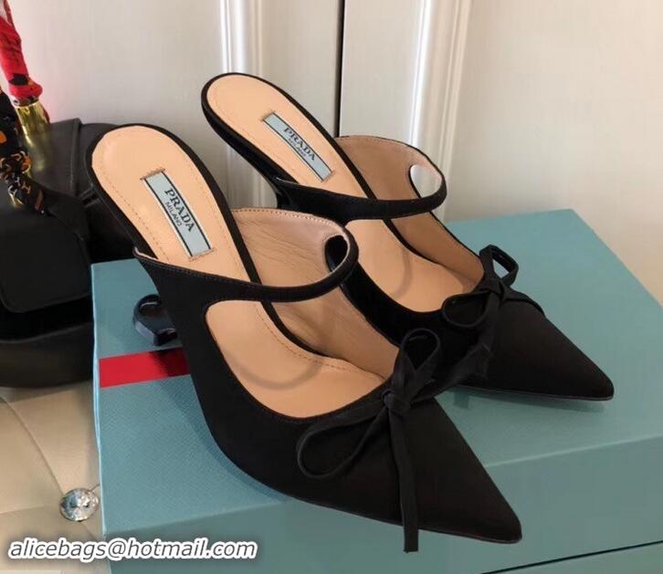 Discounts Prada Angled Heel 9cm Satin Bow Mules Pumps 709033 Black 2019