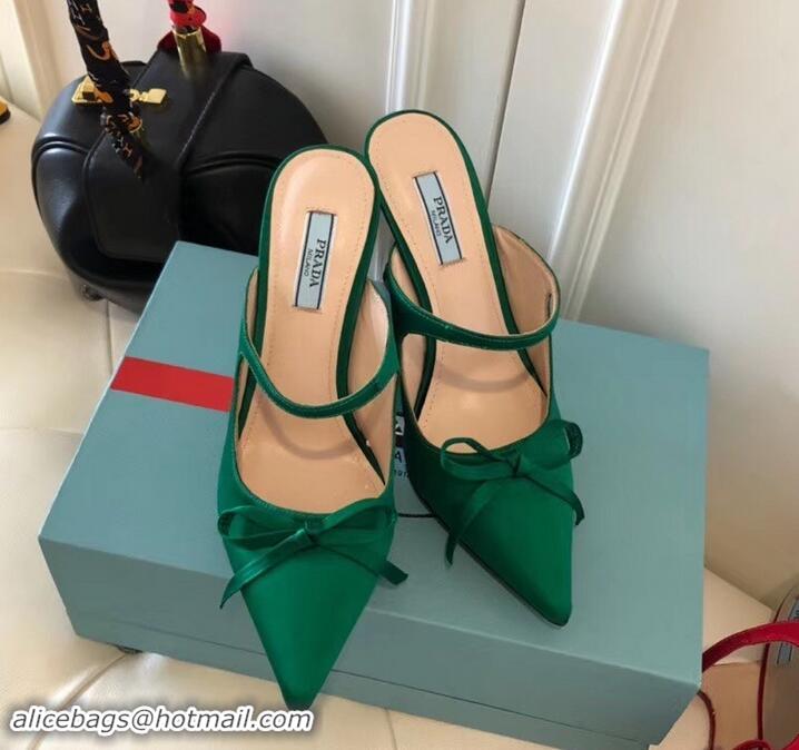 Stylish Prada Angled Heel 9cm Satin Bow Mules Pumps 709033 Green 2019