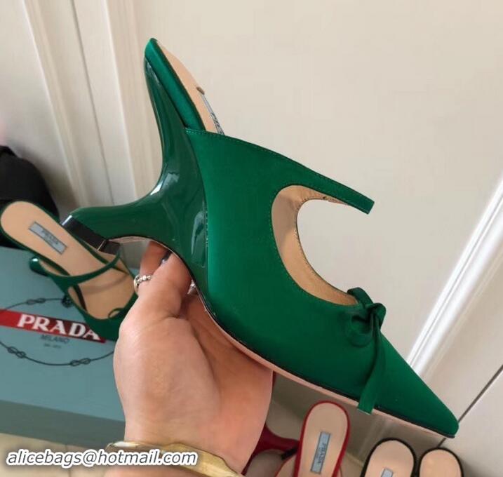 Stylish Prada Angled Heel 9cm Satin Bow Mules Pumps 709033 Green 2019