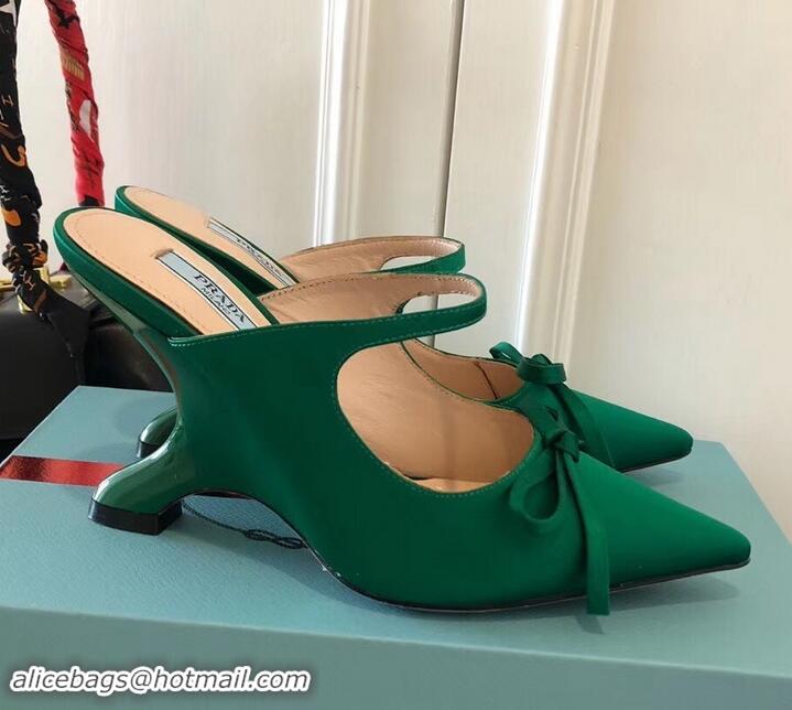 Stylish Prada Angled Heel 9cm Satin Bow Mules Pumps 709033 Green 2019