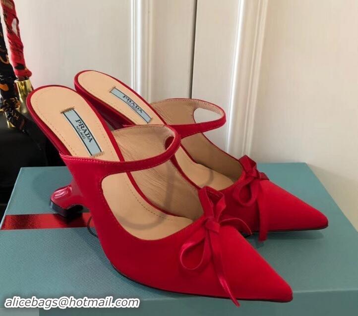 Best Price Prada Angled Heel 9cm Satin Bow Mules Pumps 709033 Red 2019