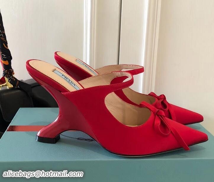 Best Price Prada Angled Heel 9cm Satin Bow Mules Pumps 709033 Red 2019