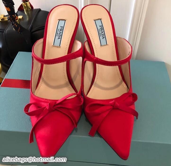 Best Price Prada Angled Heel 9cm Satin Bow Mules Pumps 709033 Red 2019