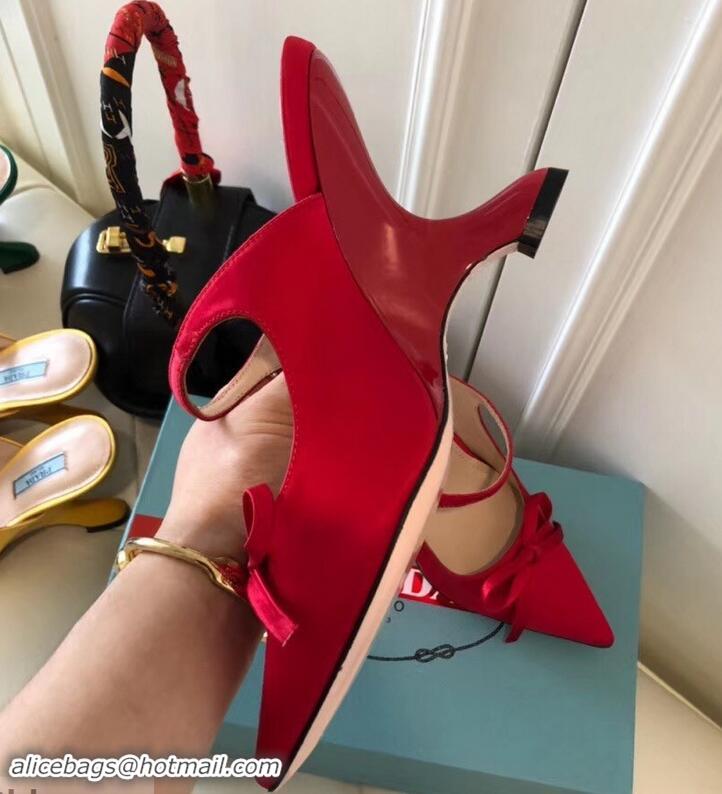 Best Price Prada Angled Heel 9cm Satin Bow Mules Pumps 709033 Red 2019