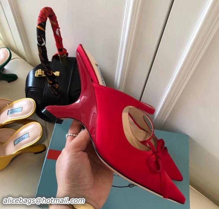 Best Price Prada Angled Heel 9cm Satin Bow Mules Pumps 709033 Red 2019