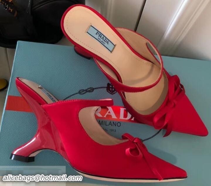 Best Price Prada Angled Heel 9cm Satin Bow Mules Pumps 709033 Red 2019