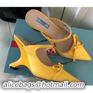 Unique Style Prada Angled Heel 9cm Satin Bow Mules Pumps 709033 Yellow 2019