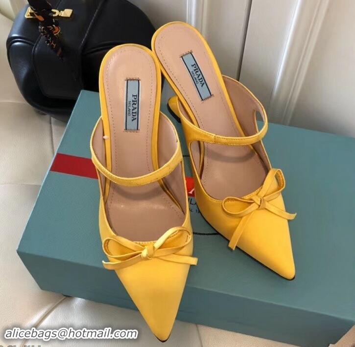 Unique Style Prada Angled Heel 9cm Satin Bow Mules Pumps 709033 Yellow 2019