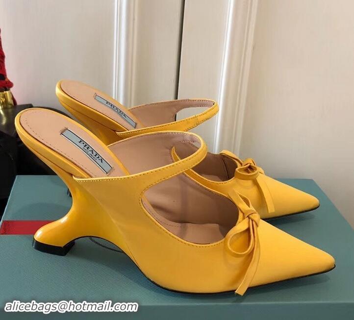 Unique Style Prada Angled Heel 9cm Satin Bow Mules Pumps 709033 Yellow 2019