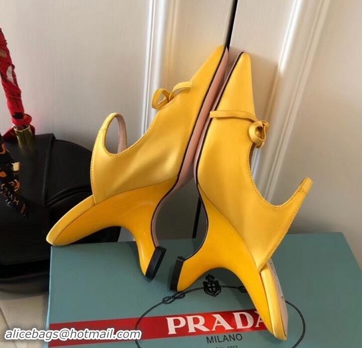 Unique Style Prada Angled Heel 9cm Satin Bow Mules Pumps 709033 Yellow 2019