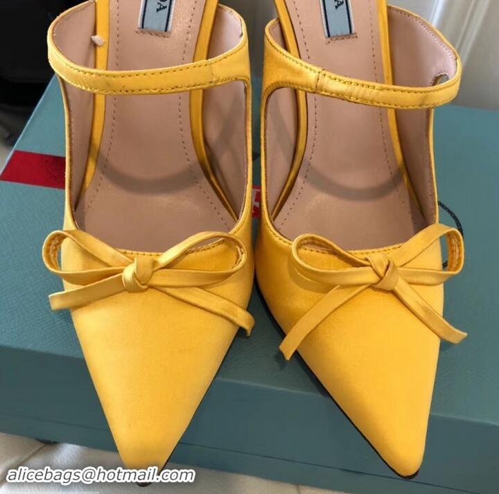 Unique Style Prada Angled Heel 9cm Satin Bow Mules Pumps 709033 Yellow 2019