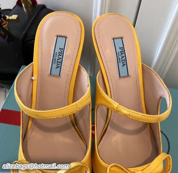 Unique Style Prada Angled Heel 9cm Satin Bow Mules Pumps 709033 Yellow 2019