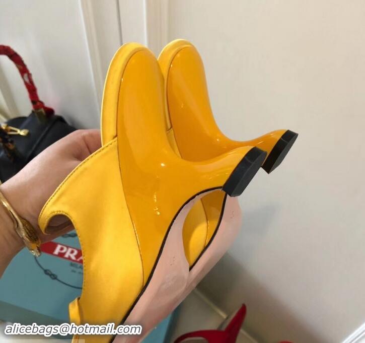 Unique Style Prada Angled Heel 9cm Satin Bow Mules Pumps 709033 Yellow 2019