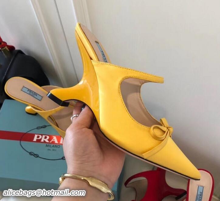 Unique Style Prada Angled Heel 9cm Satin Bow Mules Pumps 709033 Yellow 2019