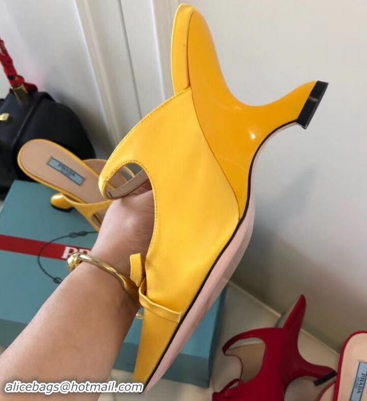 Unique Style Prada Angled Heel 9cm Satin Bow Mules Pumps 709033 Yellow 2019