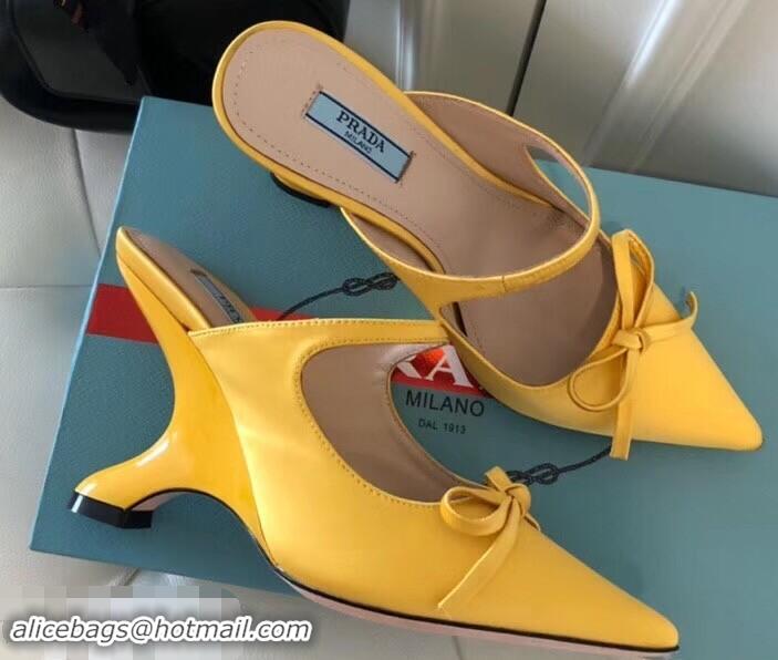 Unique Style Prada Angled Heel 9cm Satin Bow Mules Pumps 709033 Yellow 2019