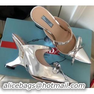 Top Grade Prada Angled Heel 9cm Satin Bow Mules Pumps 709033 Metallic Silver 2019