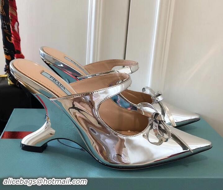 Top Grade Prada Angled Heel 9cm Satin Bow Mules Pumps 709033 Metallic Silver 2019