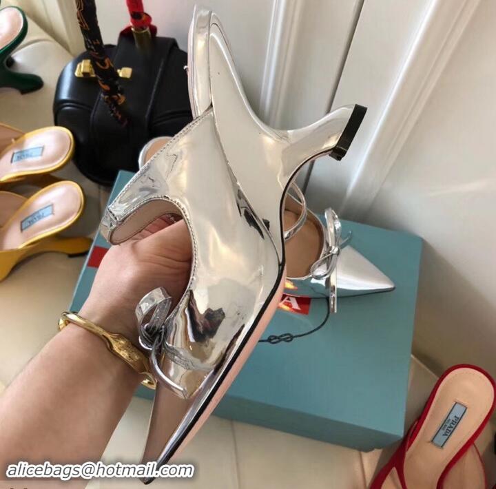 Top Grade Prada Angled Heel 9cm Satin Bow Mules Pumps 709033 Metallic Silver 2019