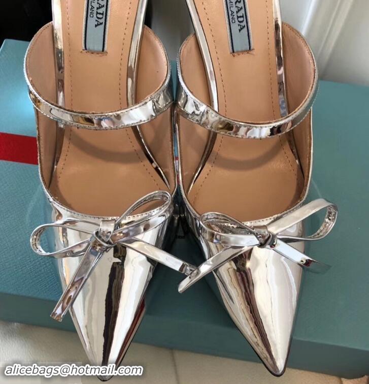 Top Grade Prada Angled Heel 9cm Satin Bow Mules Pumps 709033 Metallic Silver 2019