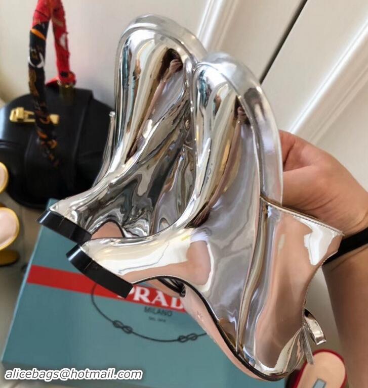 Top Grade Prada Angled Heel 9cm Satin Bow Mules Pumps 709033 Metallic Silver 2019