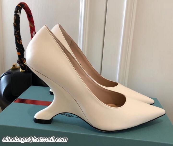 Good Quality Prada Angled Heel 9cm Leather Pumps 709035 White 2019