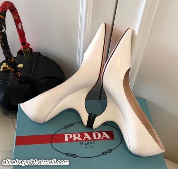 Good Quality Prada Angled Heel 9cm Leather Pumps 709035 White 2019