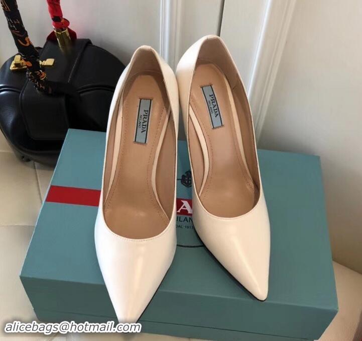 Good Quality Prada Angled Heel 9cm Leather Pumps 709035 White 2019