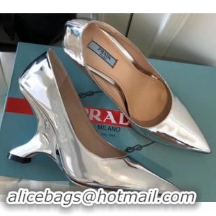 Modern Prada Angled Heel 9cm Leather Pumps 709035 Metallic Silver 2019